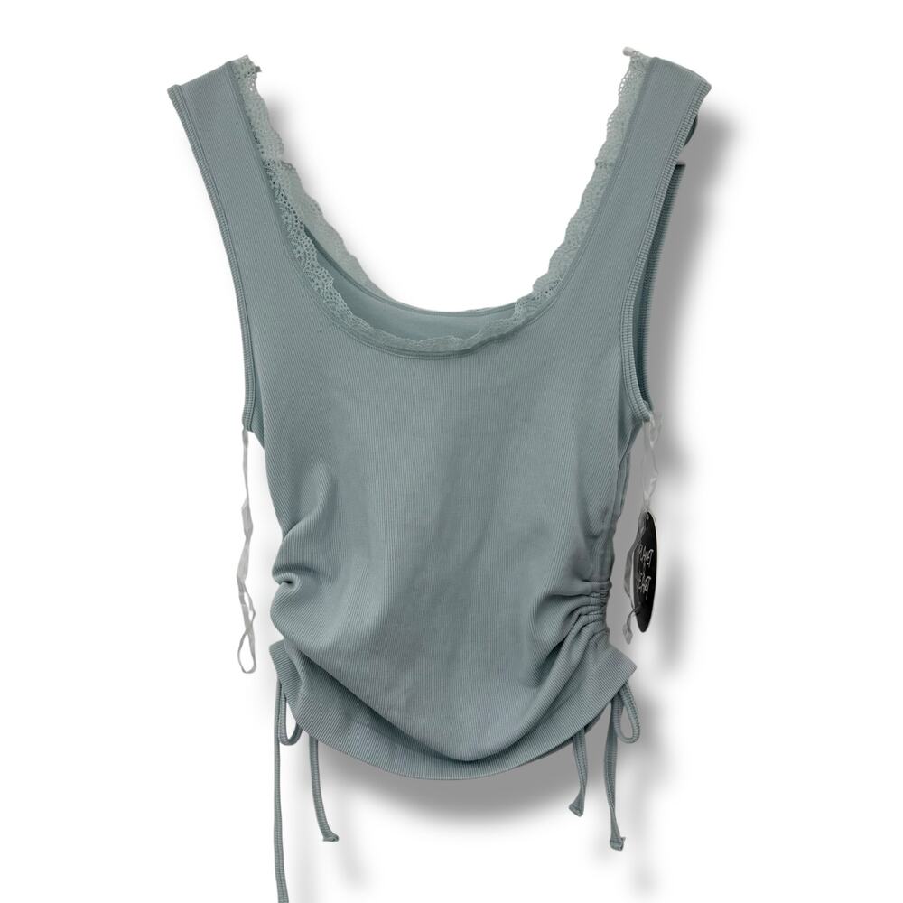 NEW Baby Blue Ribbed Tank Top Size Small Ruched Tie Side Seamless Crop Macy's - Picture 4 of 6